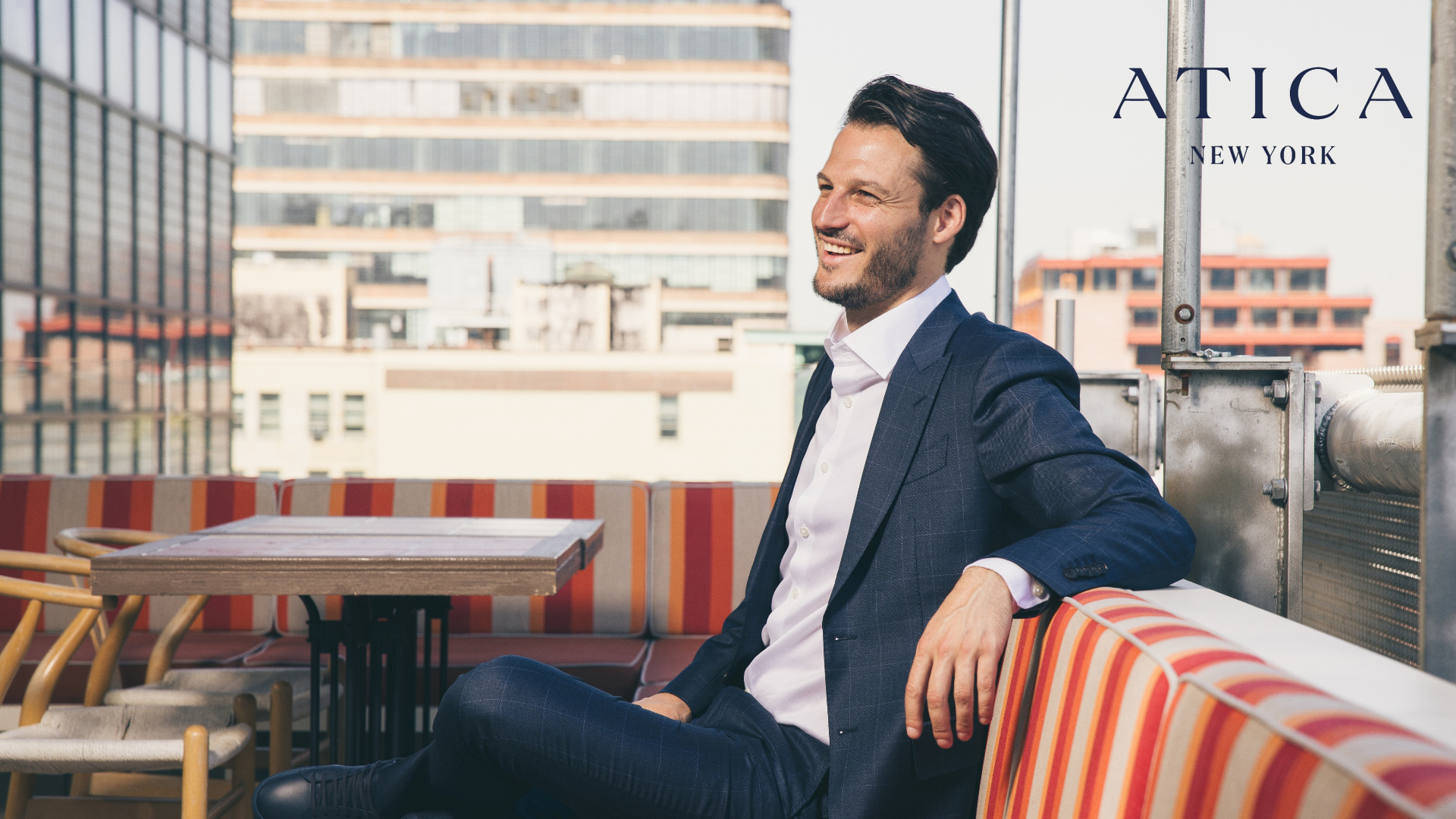 Atica New York - rooftop portrait, navy suit.