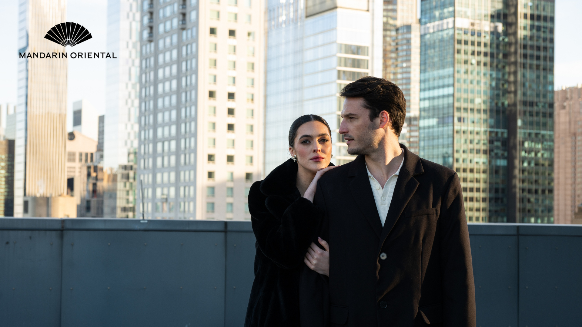 Levi Lomey for Mandarin Oriental - color story, rooftop portrait with Manhattan skyline.